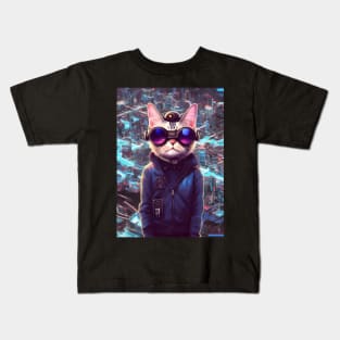 Cool Japanese Techno Cat In Future World Japan Neon City Kids T-Shirt